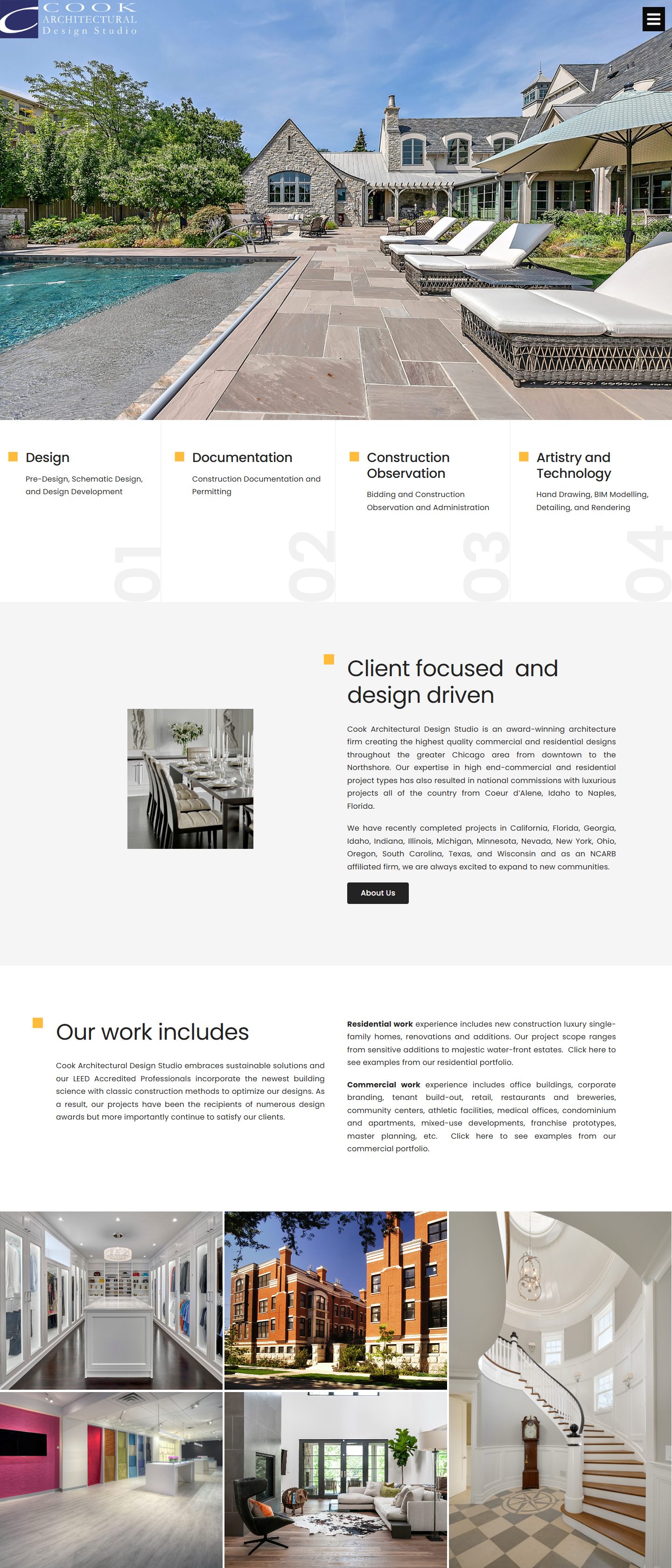The redesigned site, top of page to photo band: full-bleed hero, services, studio introduction, and full-scale architectural photography